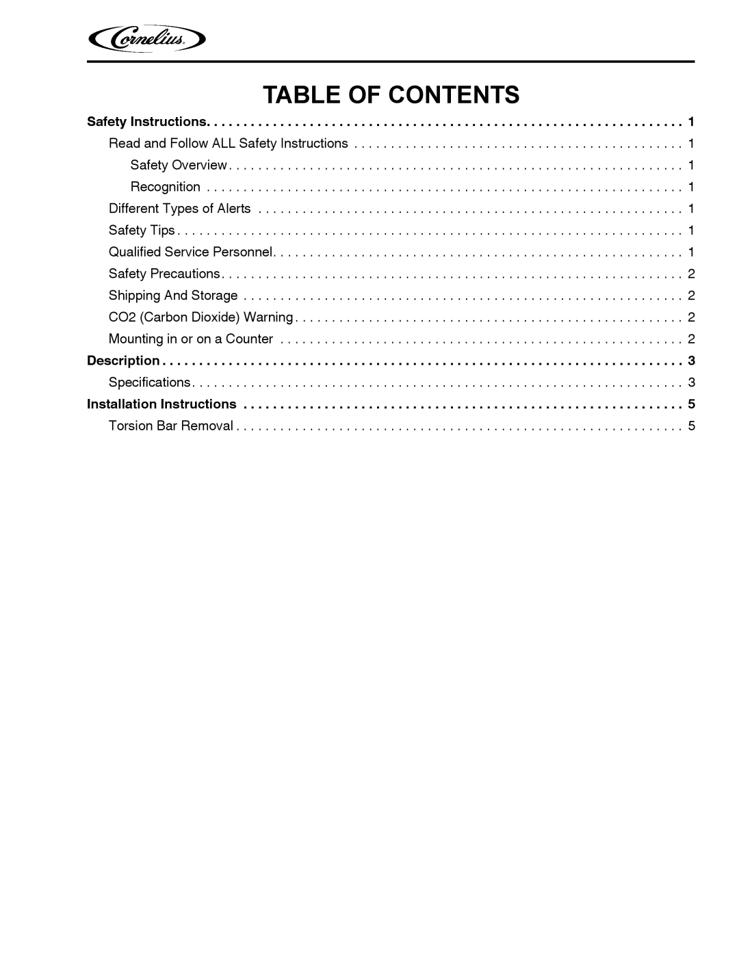 Cornelius UC 150 installation manual Table of Contents 