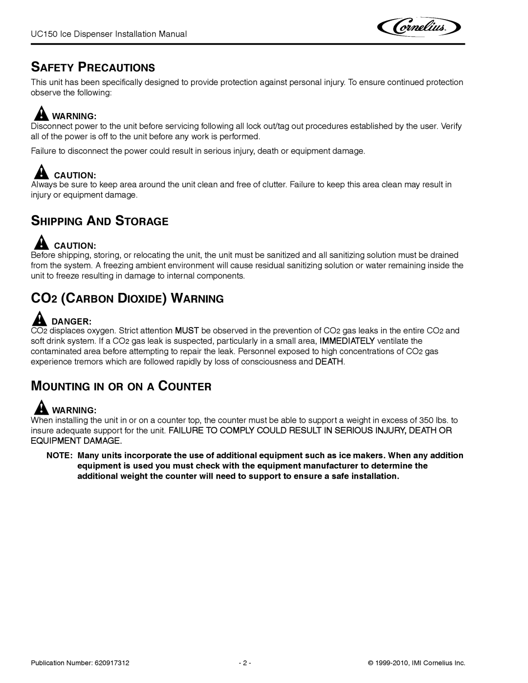 Cornelius UC 150 Safety Precautions, Shipping and Storage, CO2 Carbon Dioxide Warning, Mounting in or on a Counter 