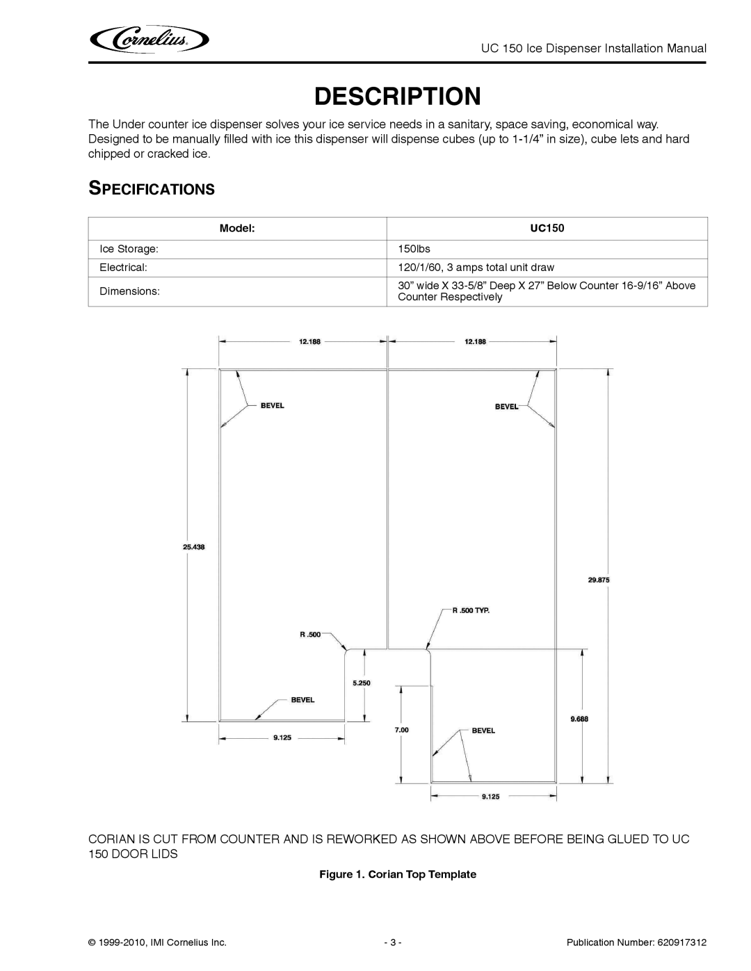 Cornelius UC 150 installation manual Description, Specifications 