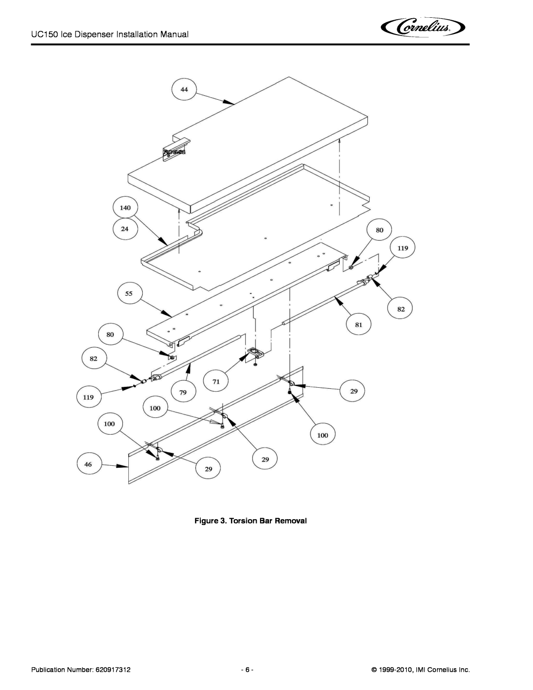 Cornelius UC 150 installation manual Torsion Bar Removal, Publication Number, 1999-2010,IMI Cornelius Inc 