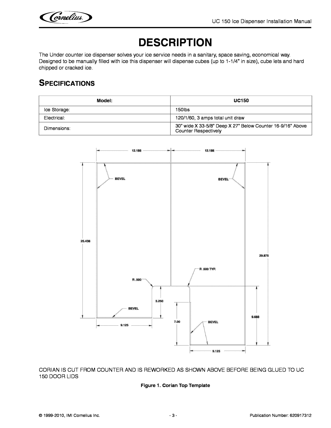 Cornelius UC 150 installation manual Description, Specifications 