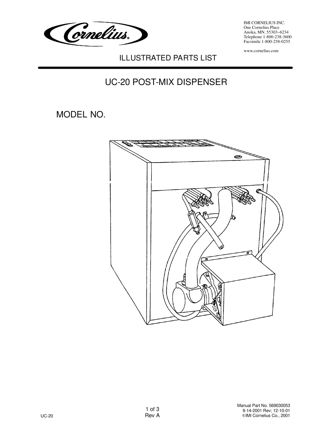 Cornelius manual UC-20 POST-MIX Dispenser Model no, Rev a 