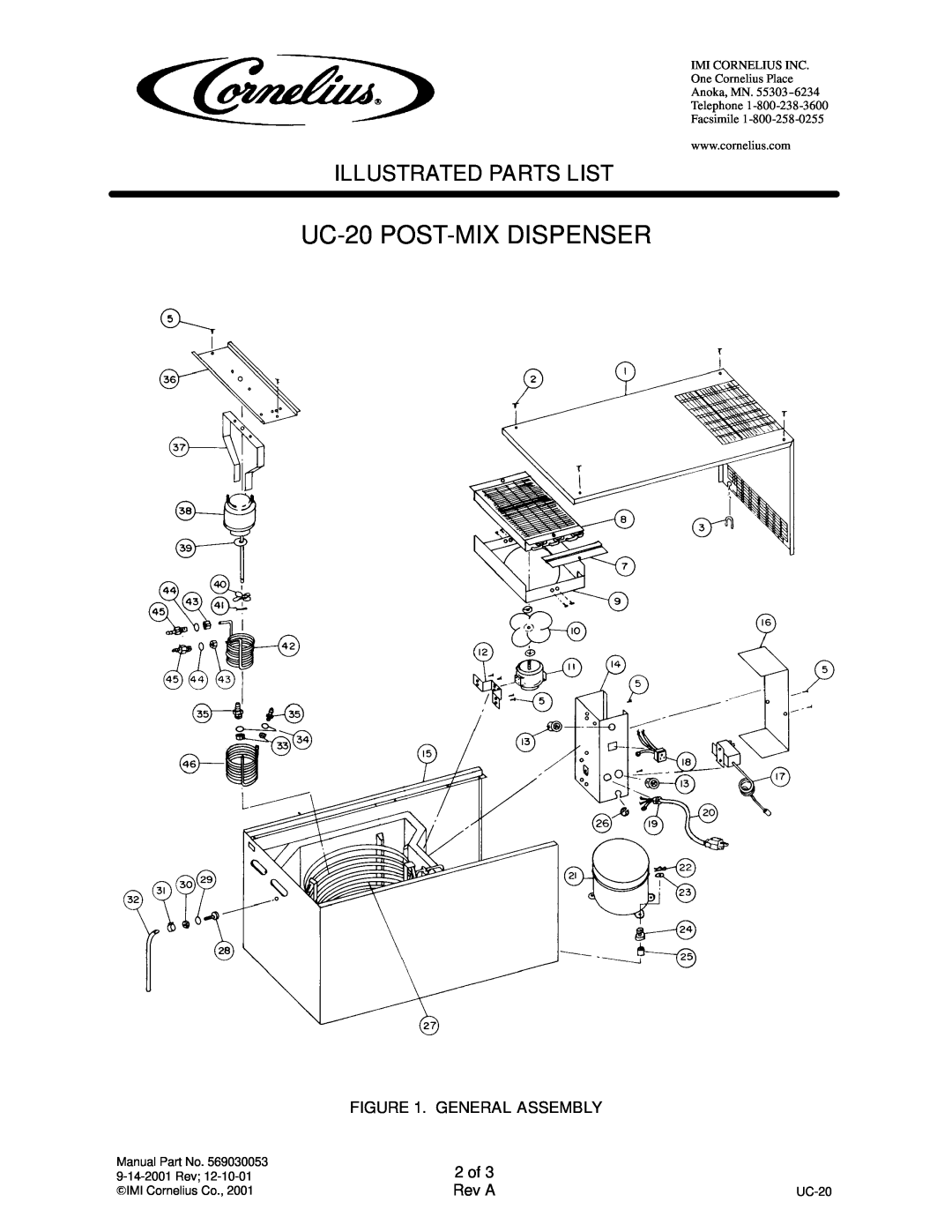 Cornelius manual UC-20 POST-MIXDISPENSER, General Assembly, 2 of, Illustrated Parts List, Rev A 