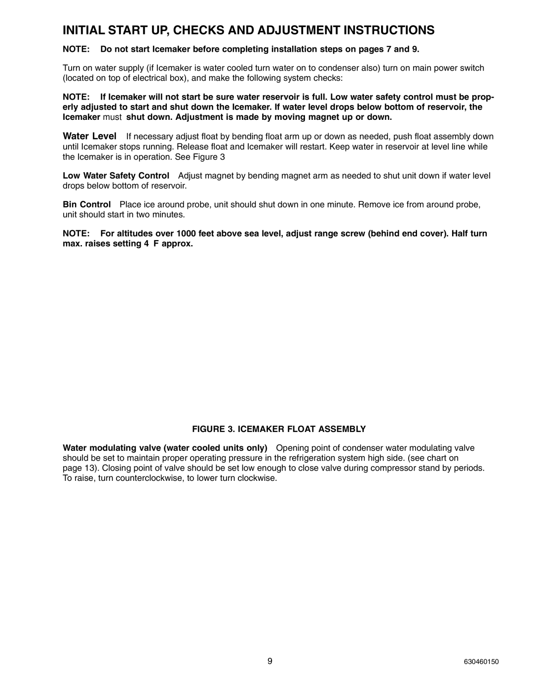 Cornelius UC 701 service manual Initial Start UP, Checks and Adjustment Instructions, Icemaker Float Assembly 