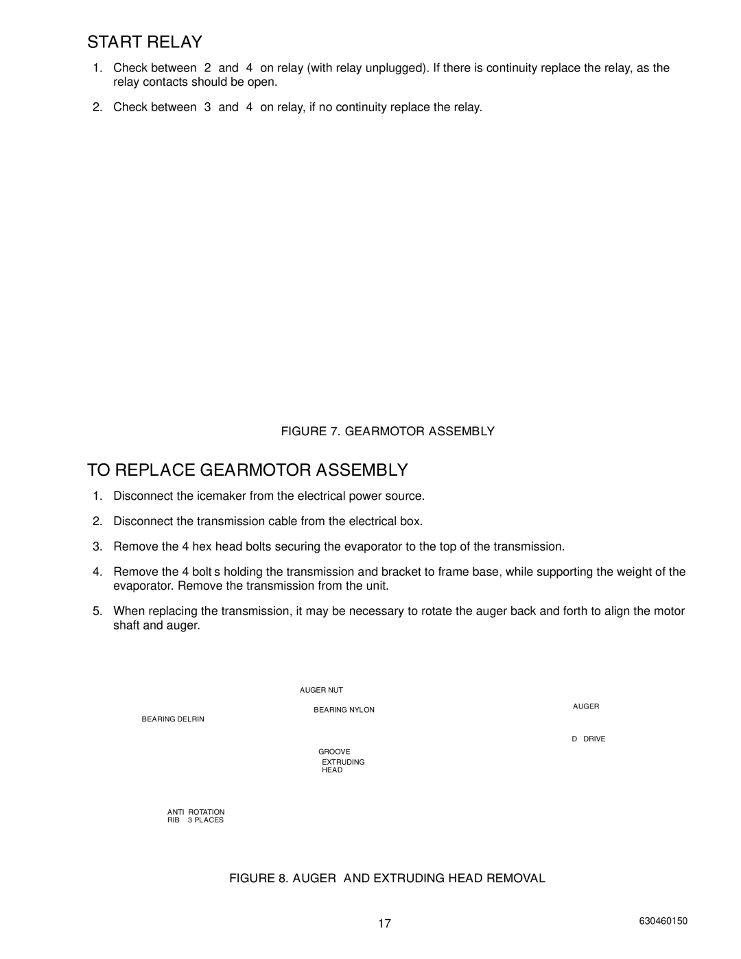 Cornelius UC 701 service manual Start Relay, To Replace Gearmotor Assembly 