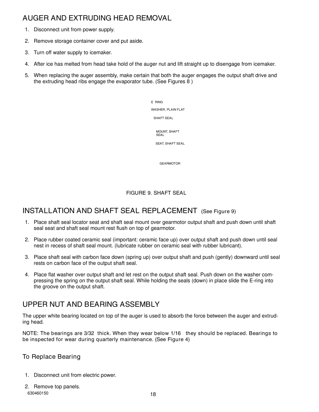 Cornelius UC 701 service manual Auger and Extruding Head Removal, Upper NUT and Bearing Assembly, To Replace Bearing 