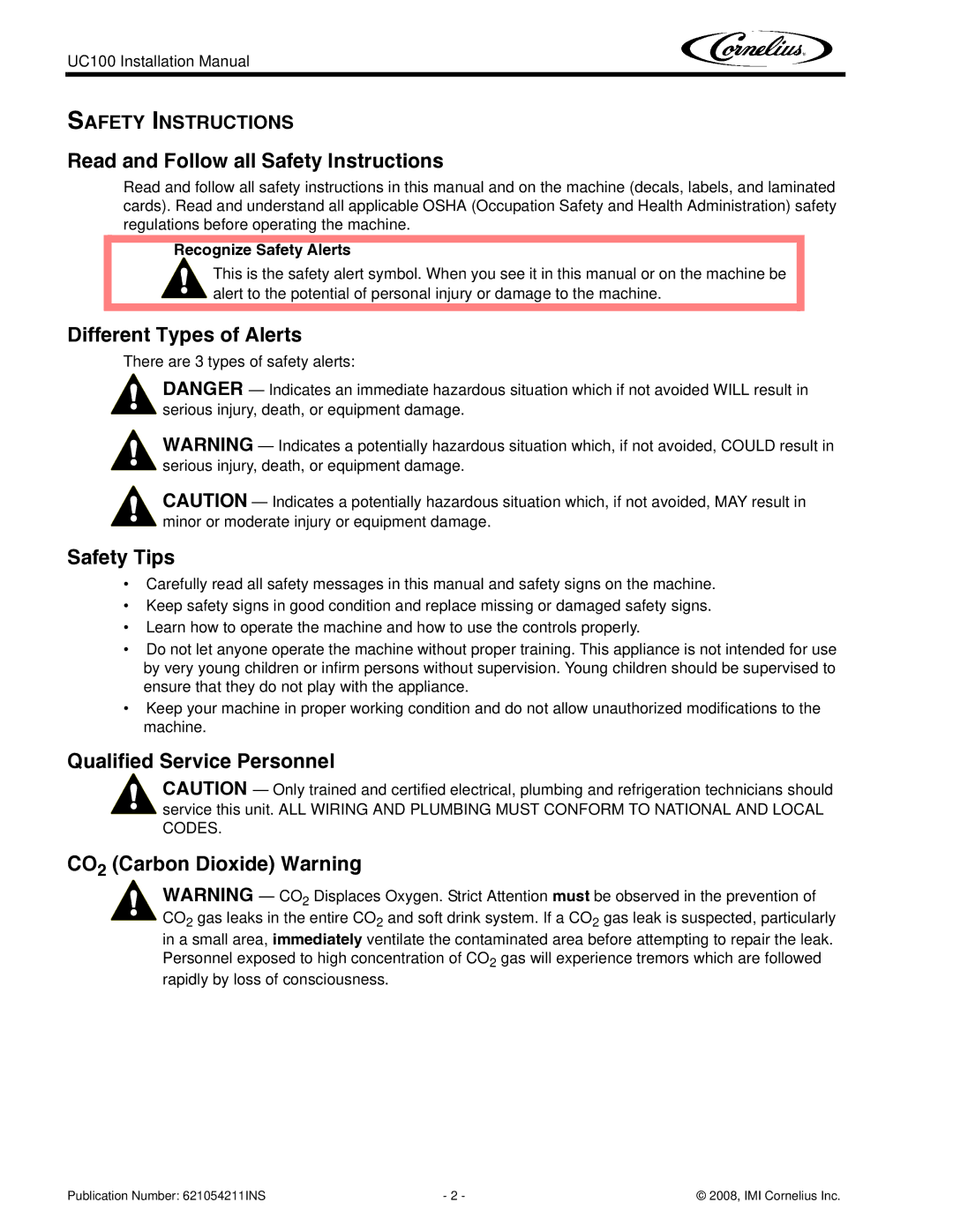 Cornelius UC100 installation manual Read and Follow all Safety Instructions, Different Types of Alerts, Safety Tips 