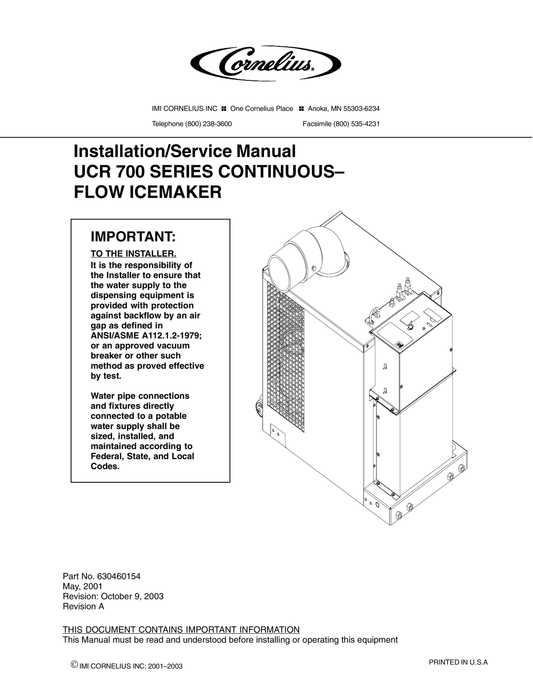 Cornelius service manual UCR 700 Series Continuous Flow Icemaker 