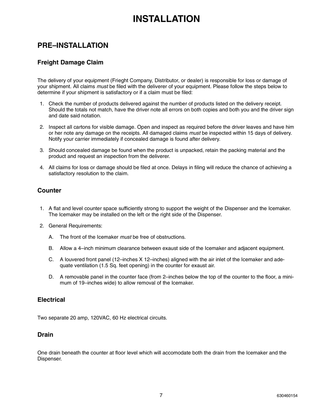 Cornelius UCR 700 Series service manual Pre-Installation 