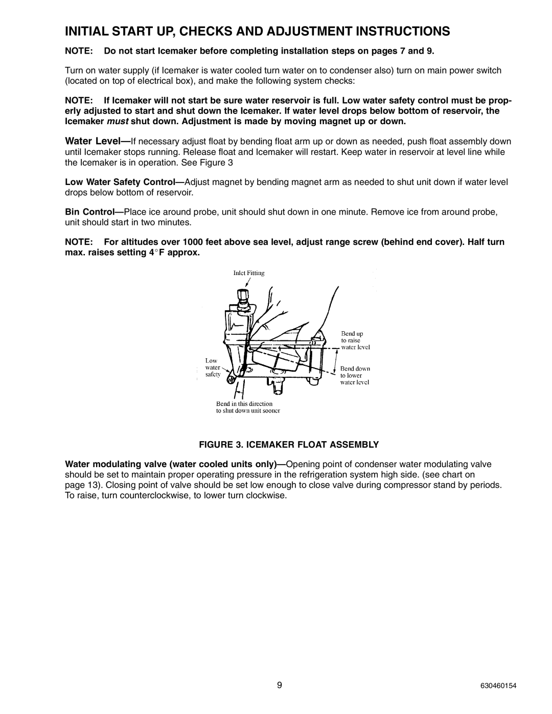 Cornelius UCR 700 Series service manual Initial Start UP, Checks and Adjustment Instructions, Icemaker Float Assembly 