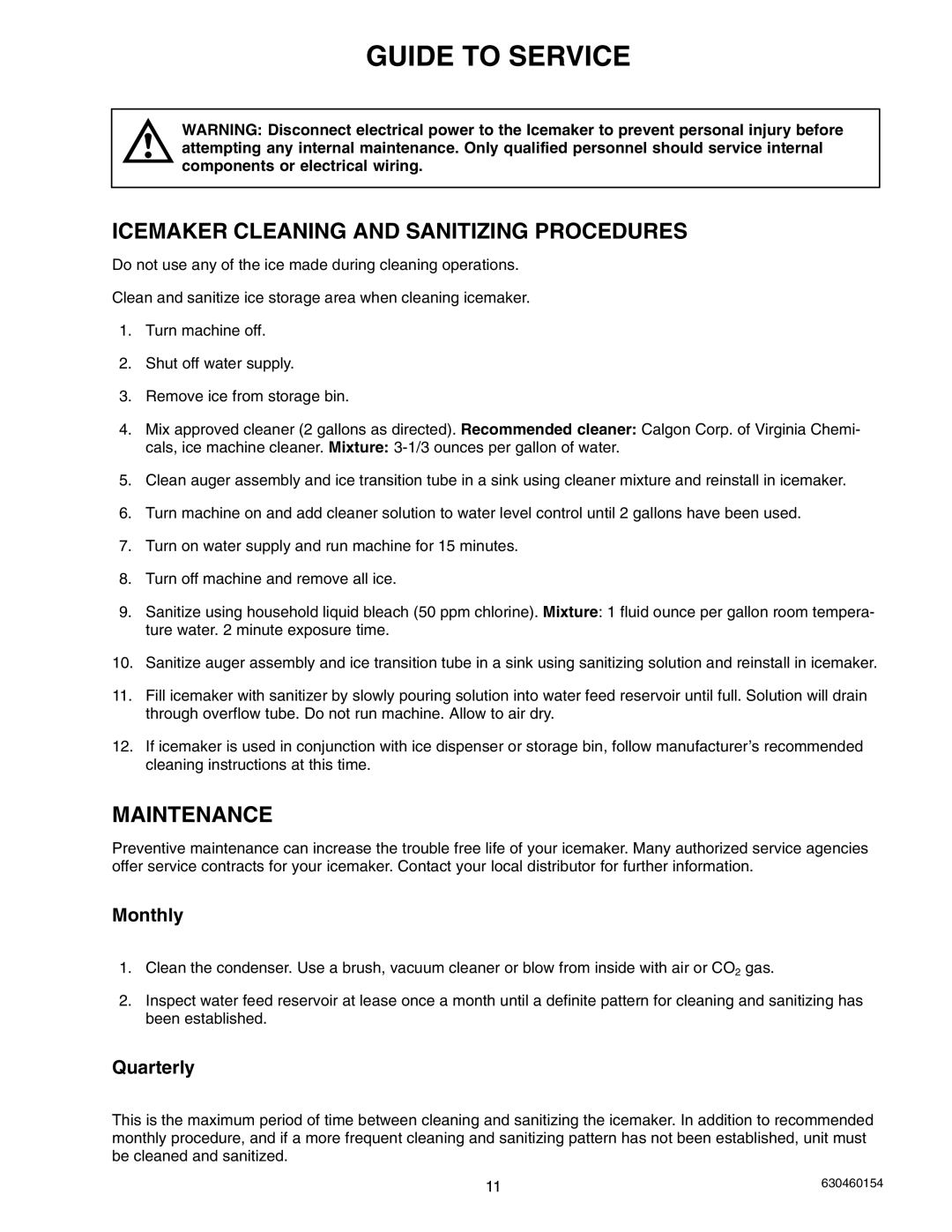 Cornelius UCR 700 Series Guide to Service, Icemaker Cleaning and Sanitizing Procedures, Maintenance, Monthly, Quarterly 