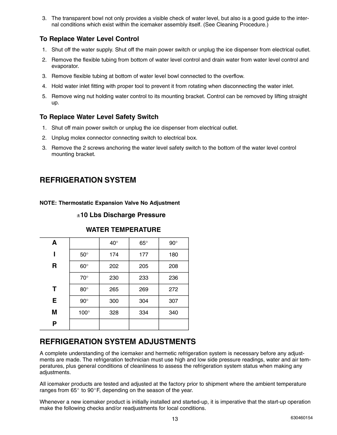 Cornelius UCR 700 Series Refrigeration System Adjustments, To Replace Water Level Control, +10 Lbs Discharge Pressure 