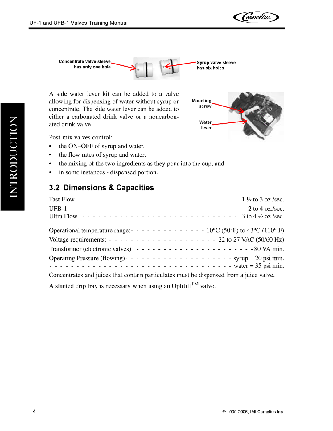 Cornelius UFB-1, UF-1 manual Dimensions & Capacities, Introduction 