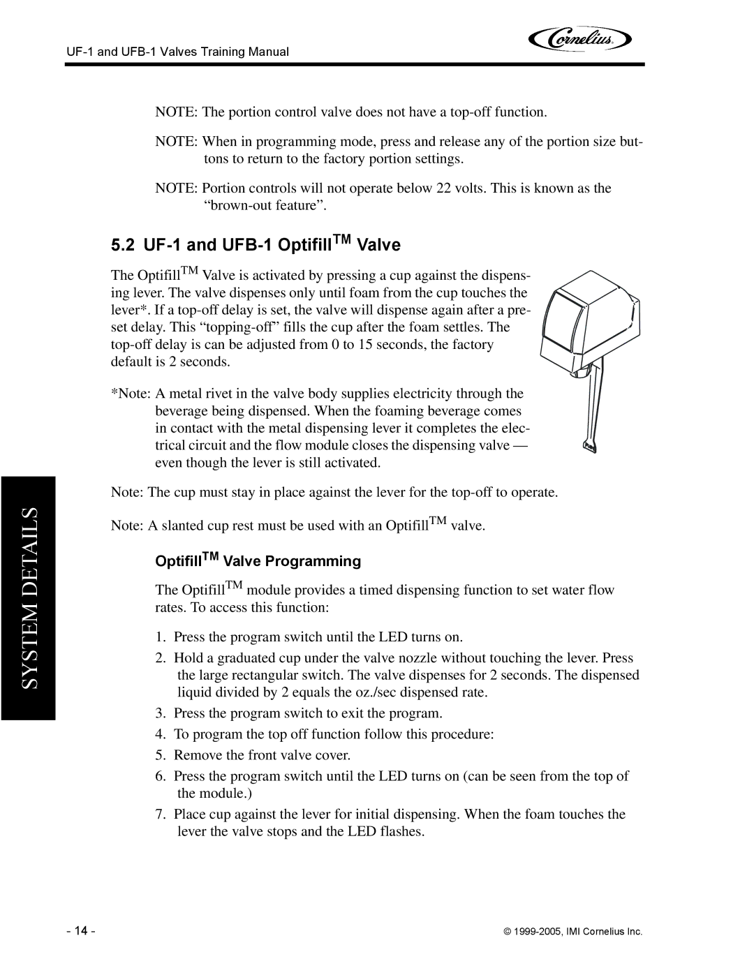 Cornelius manual UF-1 and UFB-1 OptifillTM Valve, OptifillTM Valve Programming 