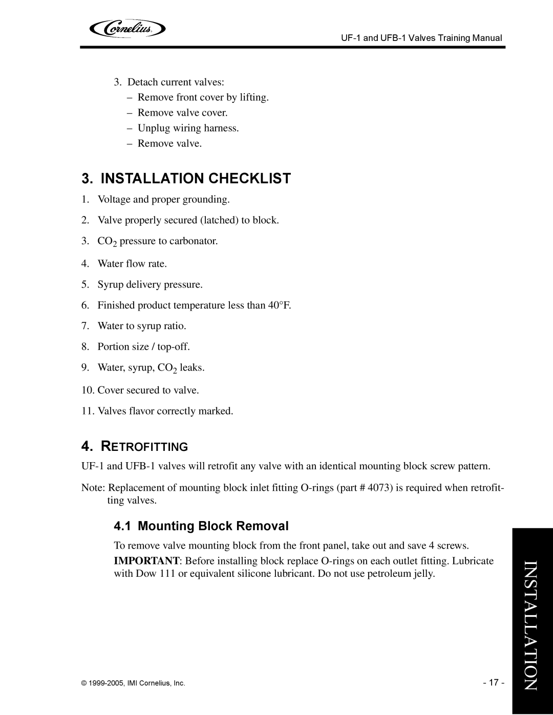 Cornelius UF-1, UFB-1 manual Installation Checklist, Mounting Block Removal 