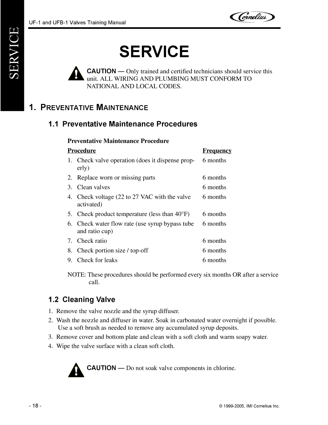 Cornelius UFB-1, UF-1 manual Service, Preventative Maintenance Procedures, Cleaning Valve 