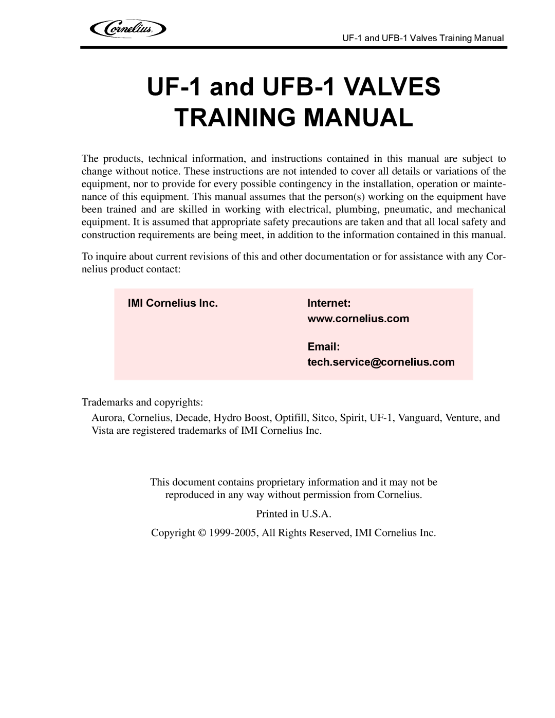 Cornelius UF-1, UFB-1 manual Training Manual 