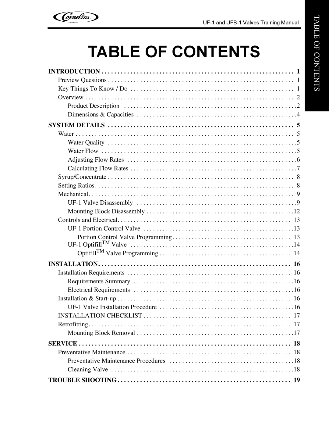 Cornelius UF-1, UFB-1 manual Table of Contents 