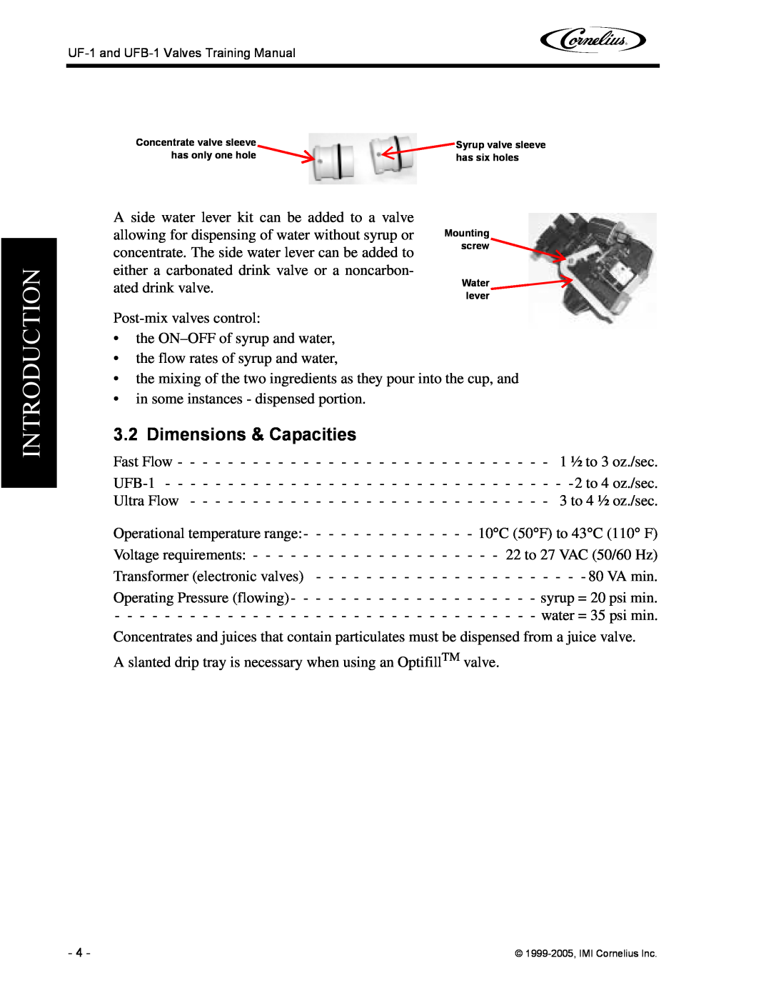 Cornelius UFB-1, UF-1 manual Dimensions & Capacities, Introduction 