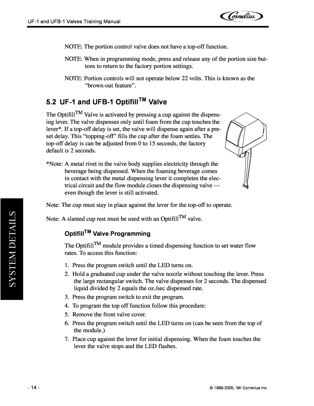 Cornelius manual 5.2 UF-1and UFB-1OptifillTM Valve, OptifillTM Valve Programming, System Details 