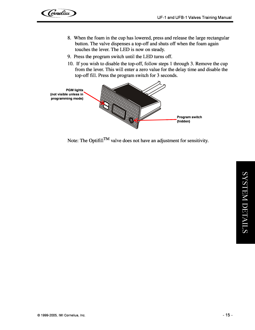 Cornelius manual System Details, UF-1and UFB-1Valves Training Manual, Program switch hidden 