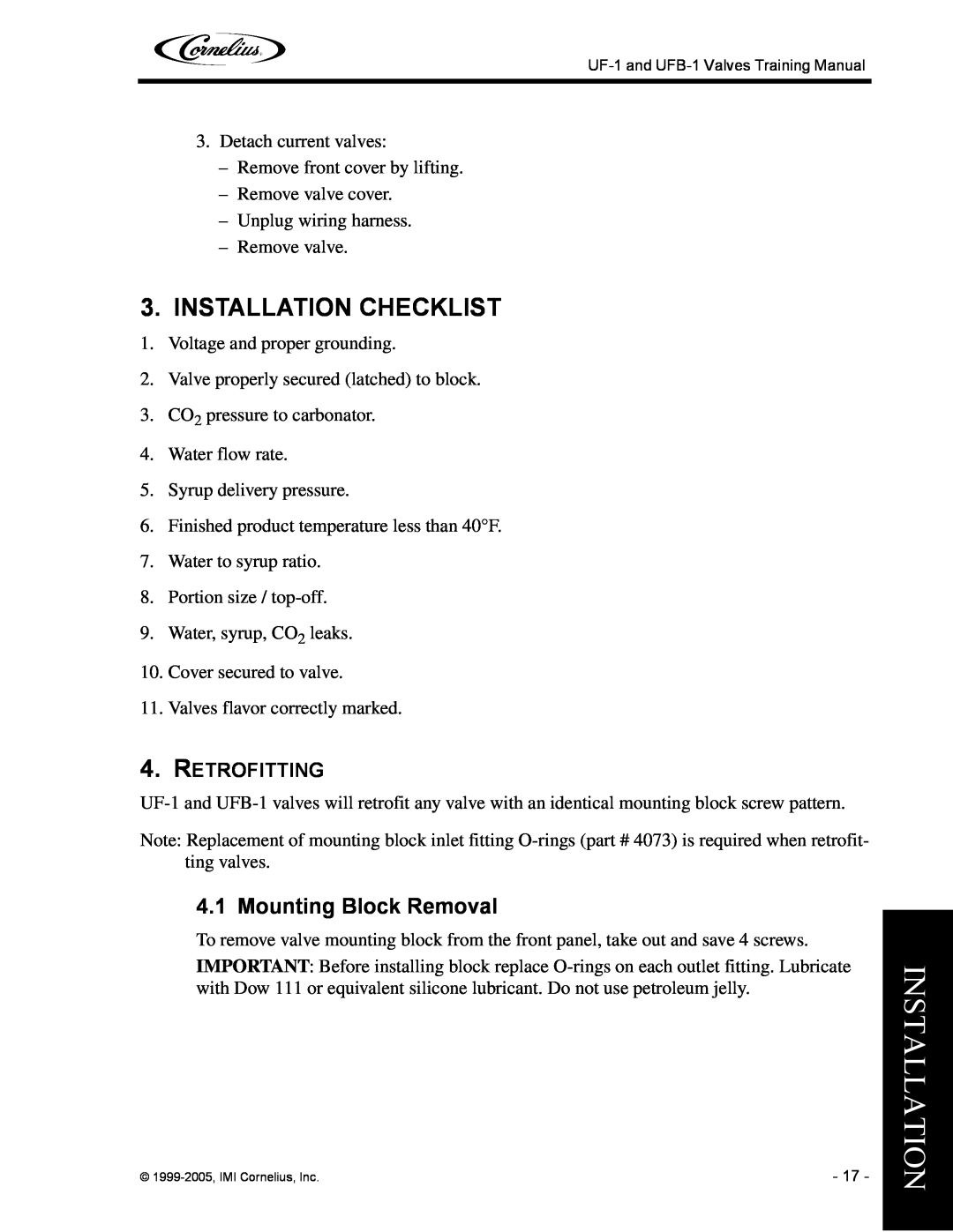 Cornelius UF-1, UFB-1 manual Installation Checklist, Mounting Block Removal, Retrofitting 