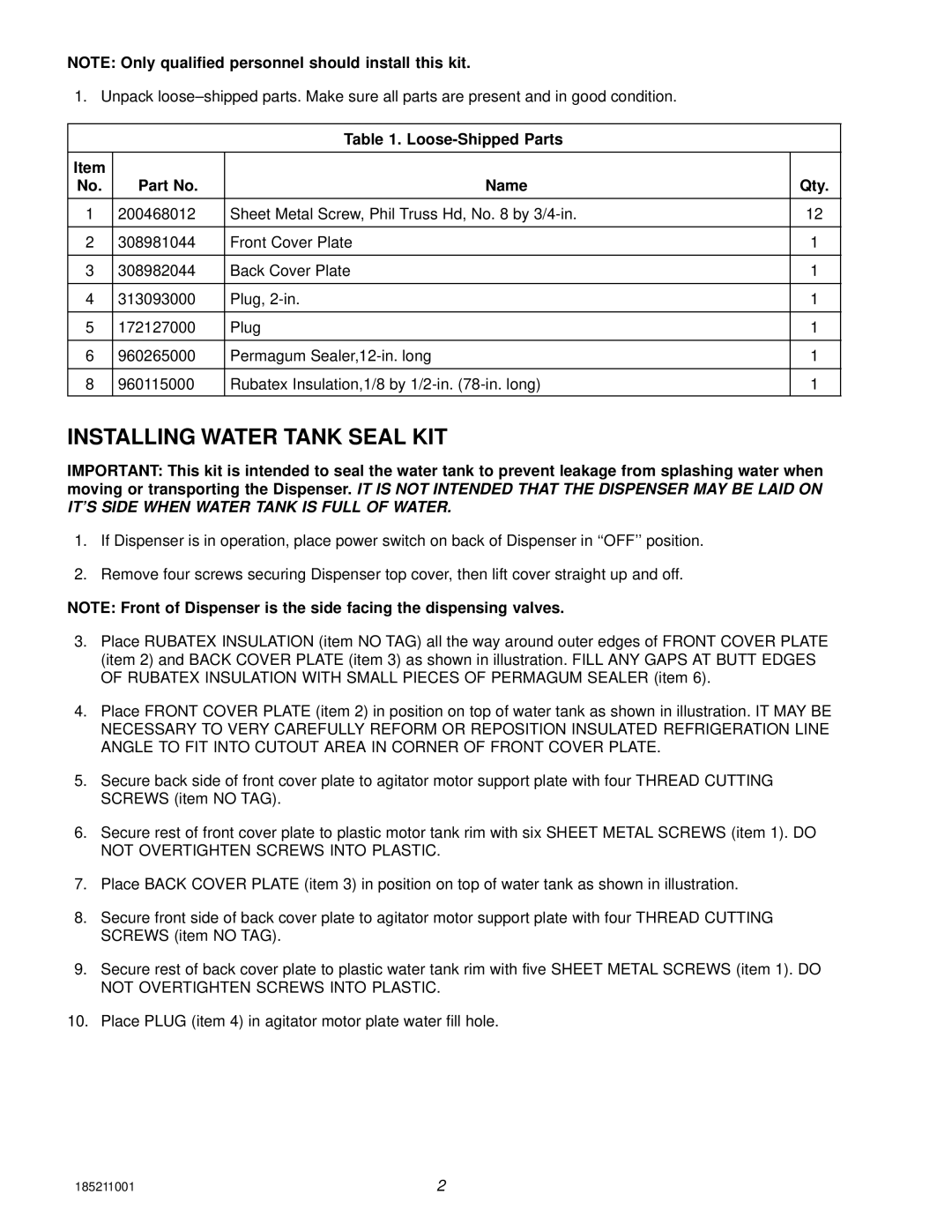 Cornelius Universal C-750 manual Installing Water Tank Seal KIT 