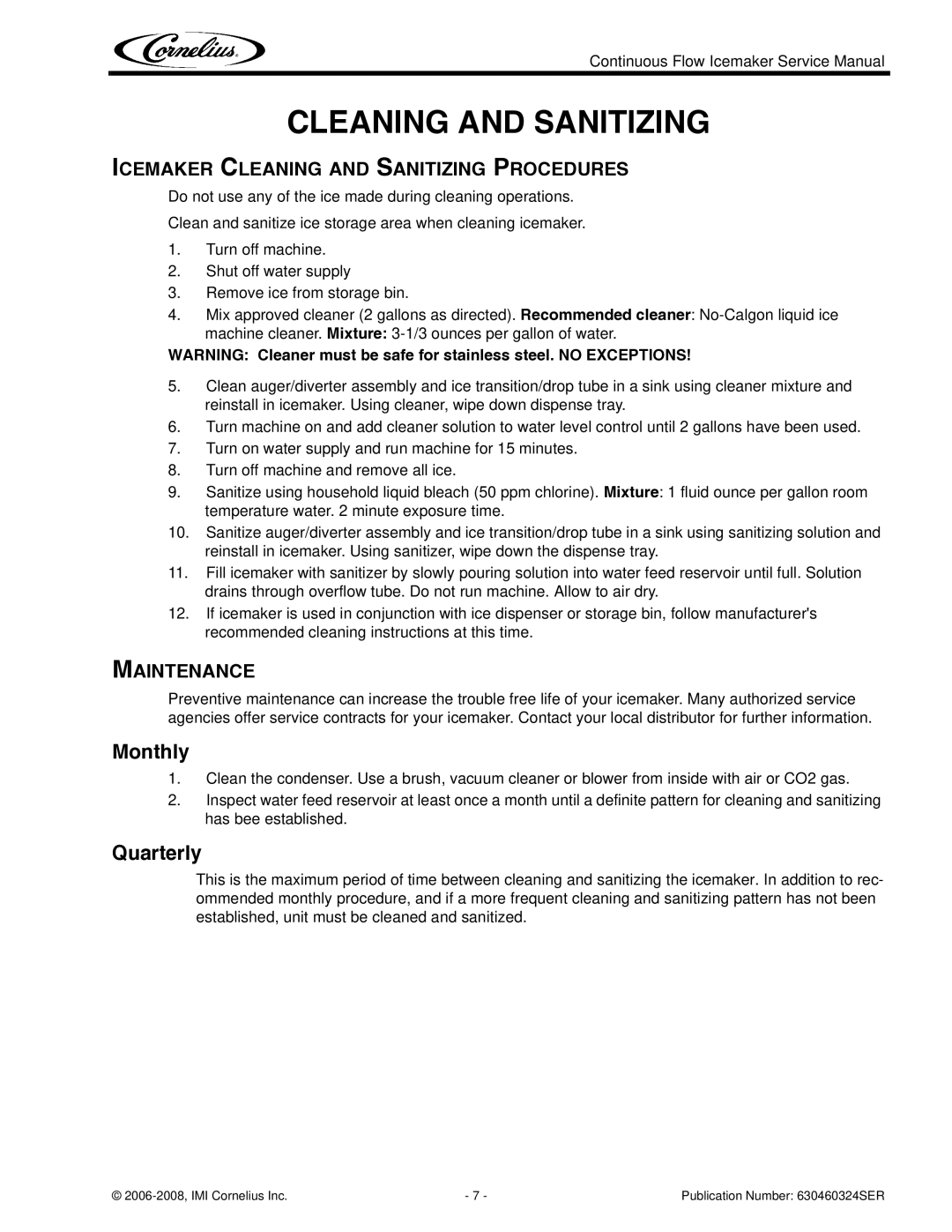 Cornelius WCC1401-A service manual Icemaker Cleaning and Sanitizing Procedures, Maintenance 