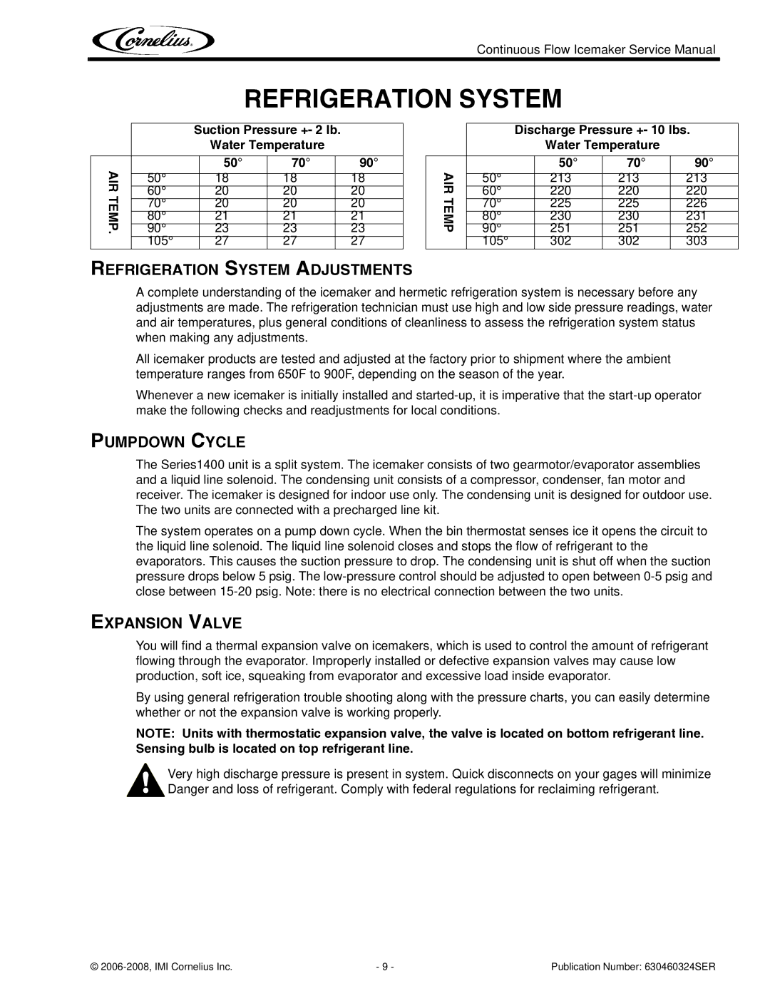 Cornelius WCC1401-A service manual Refrigeration System Adjustments, Pumpdown Cycle, Expansion Valve 