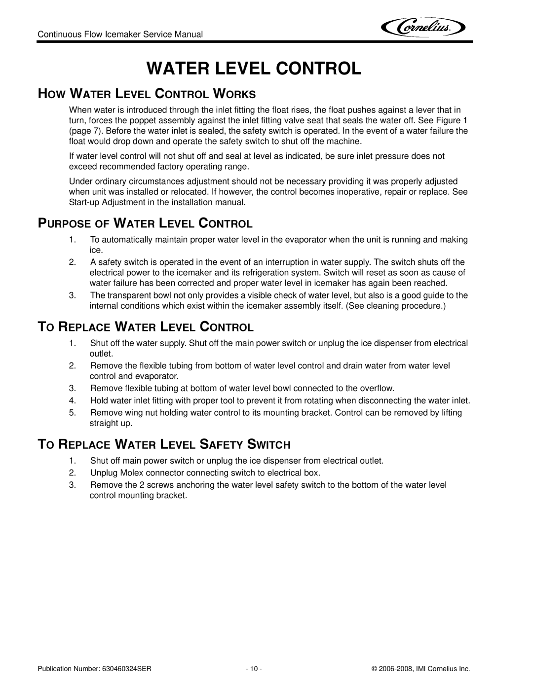 Cornelius WCC1401-A HOW Water Level Control Works, Purpose of Water Level Control, To Replace Water Level Control 