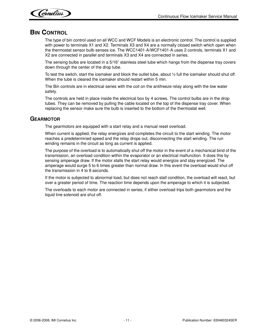 Cornelius WCC1401-A service manual BIN Control, Gearmotor 