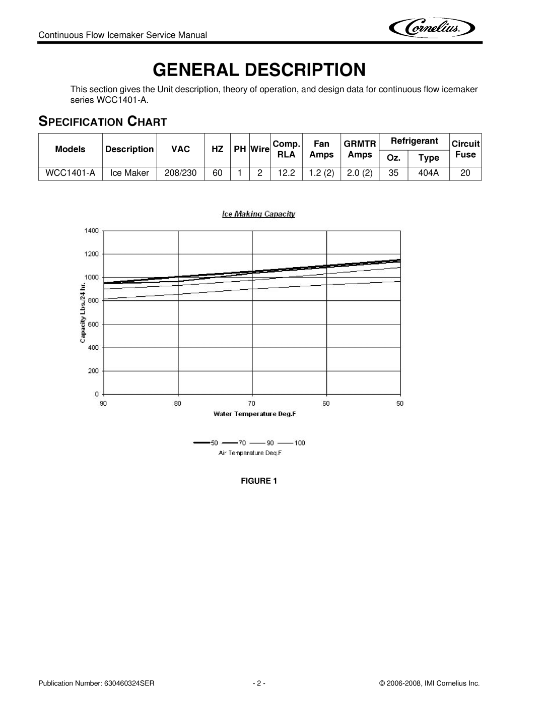 Cornelius WCC1401-A service manual General Description, Specification Chart 