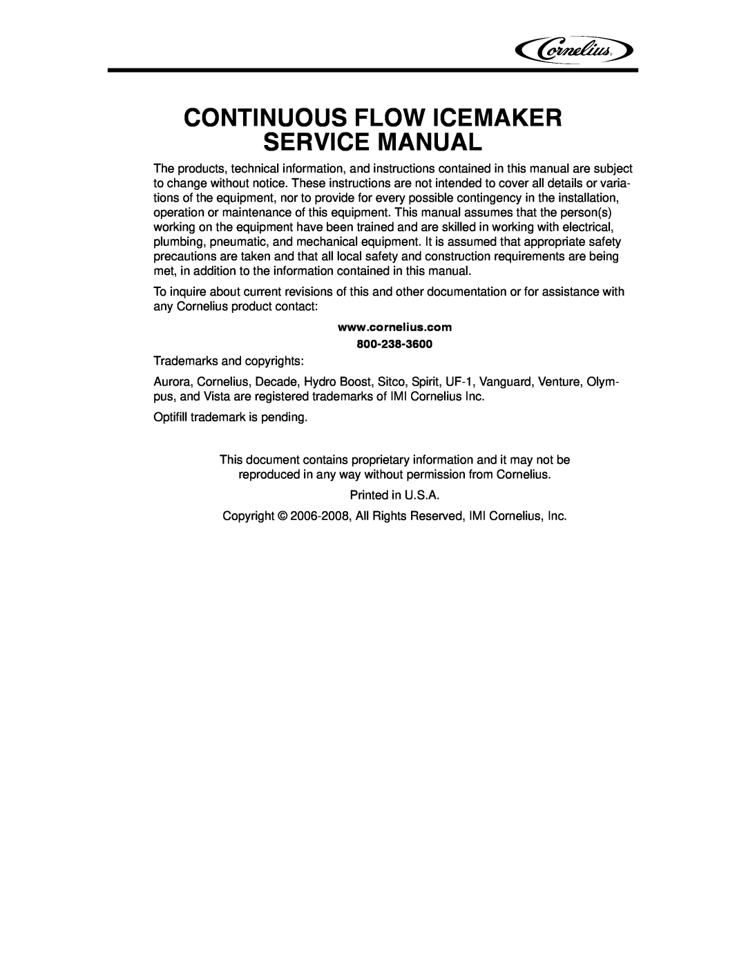 Cornelius WCC1401-A service manual Continuous Flow Icemaker Service Manual 