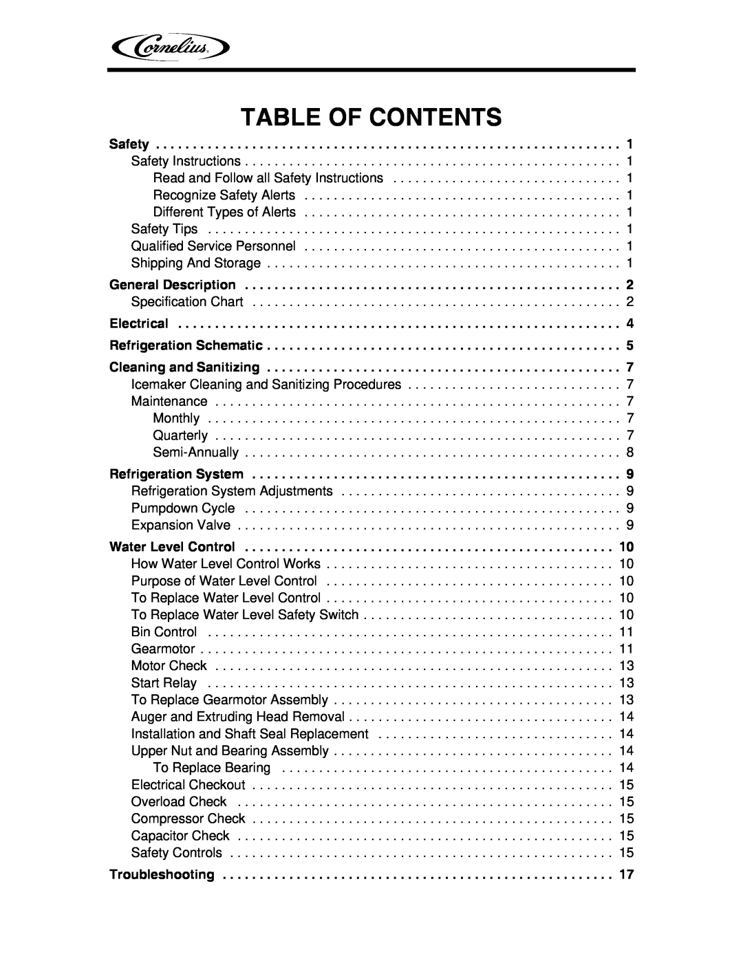 Cornelius WCC1401-A service manual Table Of Contents 