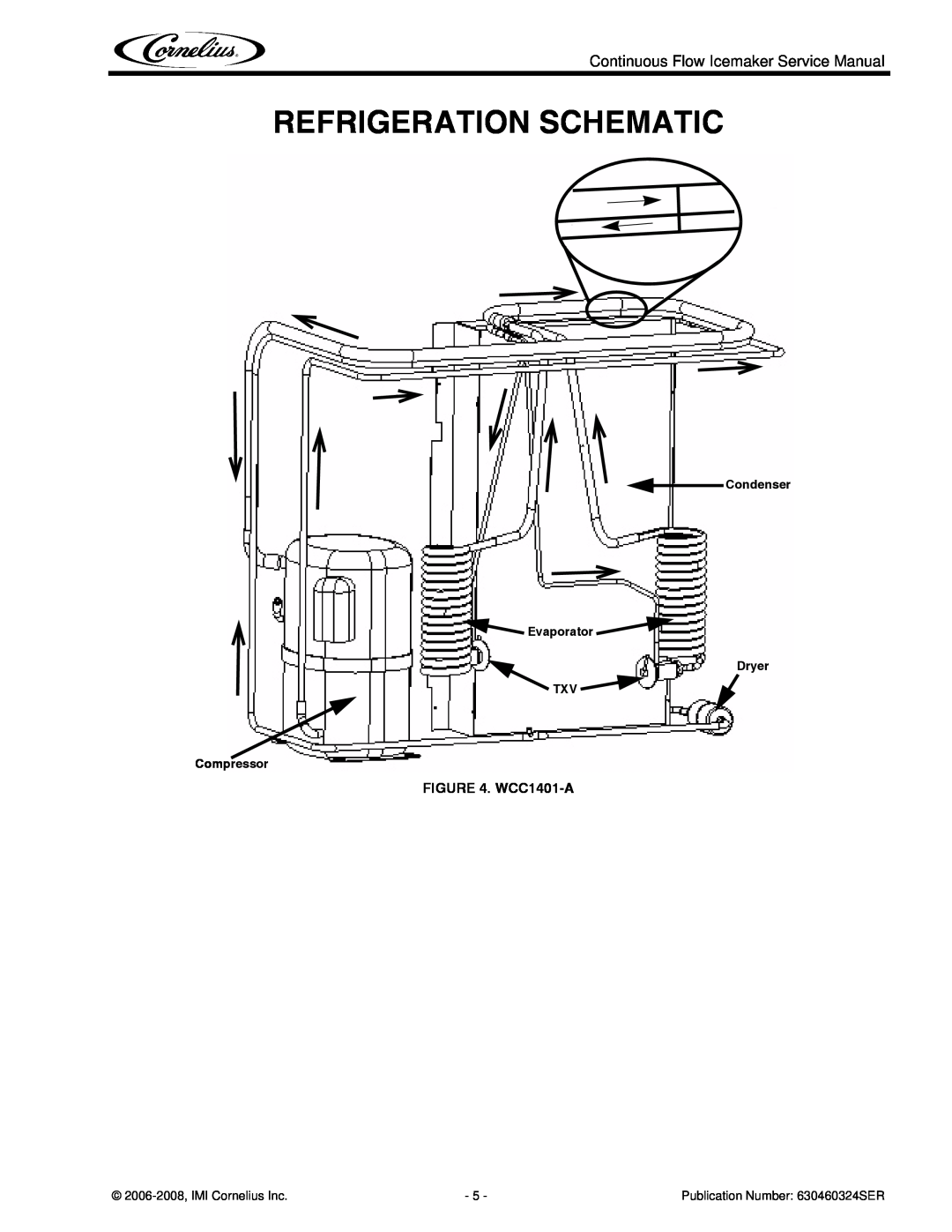 Cornelius WCC1401-A Refrigeration Schematic, Condenser Evaporator, TXV Compressor, Dryer, 2006-2008,IMI Cornelius Inc 