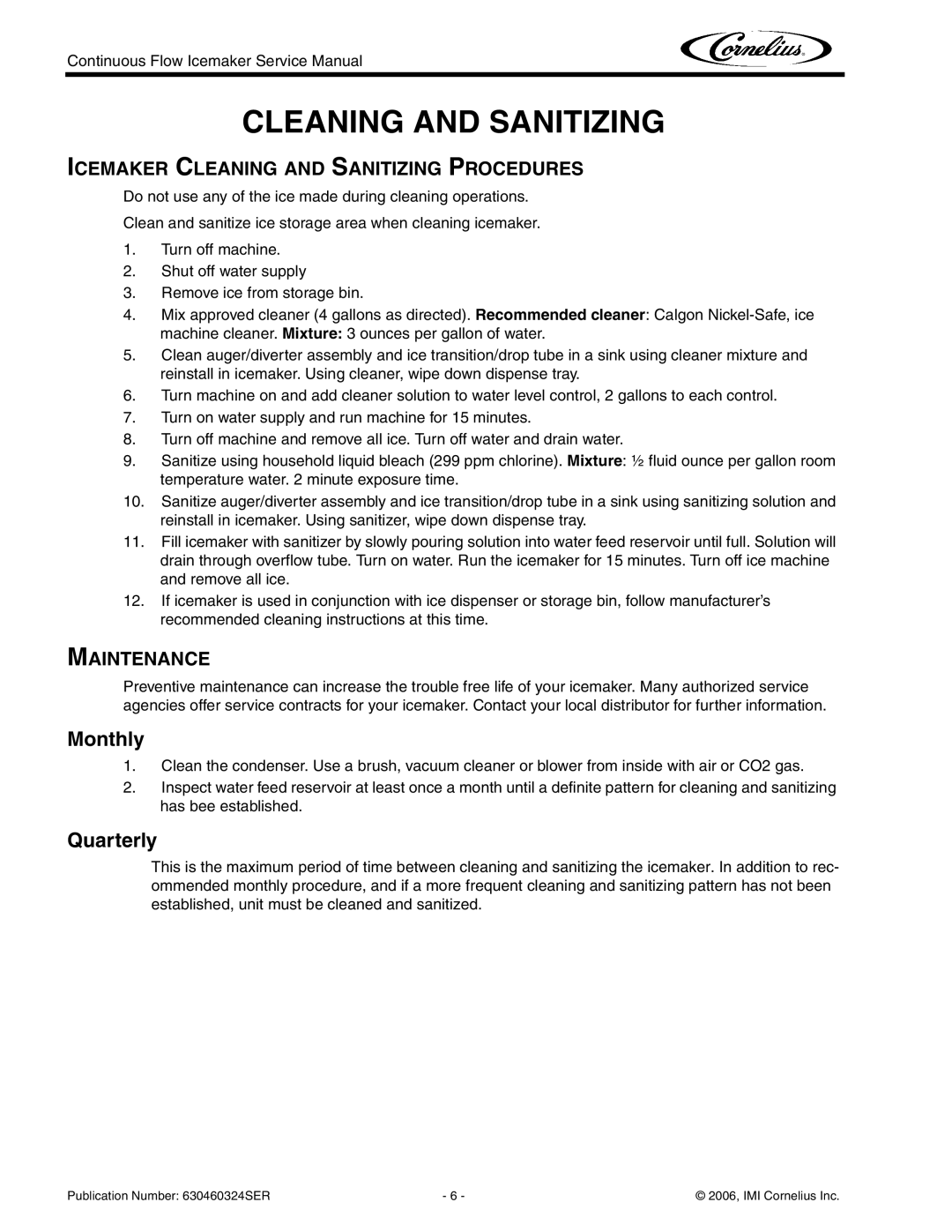 Cornelius WCF1411-A service manual Icemaker Cleaning and Sanitizing Procedures, Maintenance 