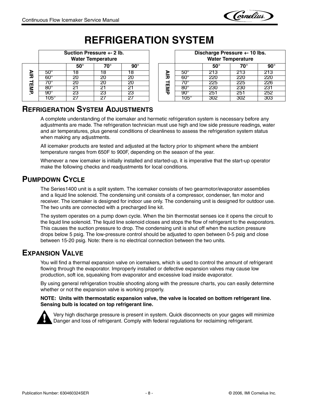 Cornelius WCF1411-A service manual Refrigeration System Adjustments, Pumpdown Cycle, Expansion Valve 