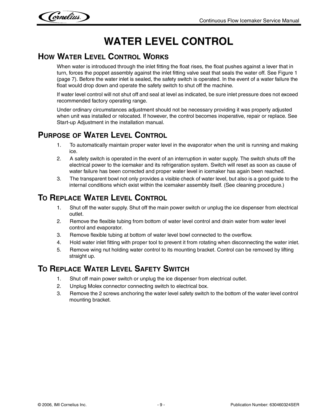 Cornelius WCF1411-A HOW Water Level Control Works, Purpose of Water Level Control, To Replace Water Level Control 