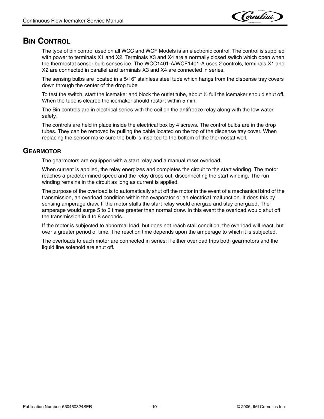 Cornelius WCF1411-A service manual BIN Control, Gearmotor 