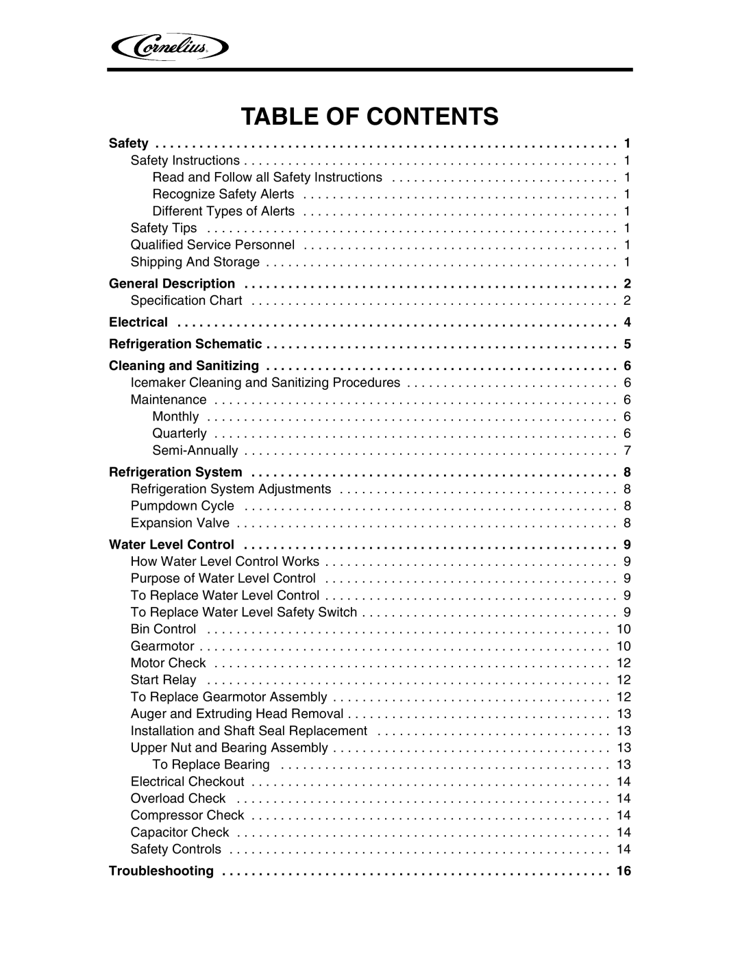 Cornelius WCF1411-A service manual Table of Contents 