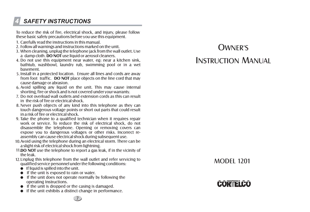 Cortelco 1201 warranty Owners, Safety Instructions 