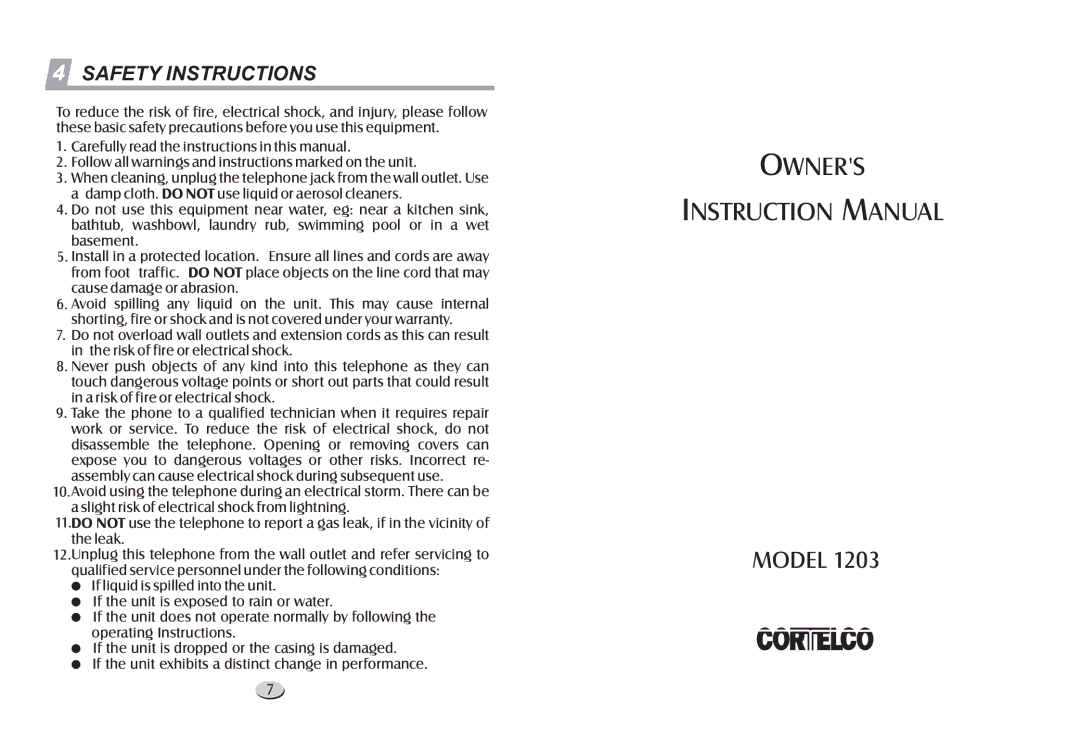 Cortelco 1203 warranty Owners, Safety Instructions 