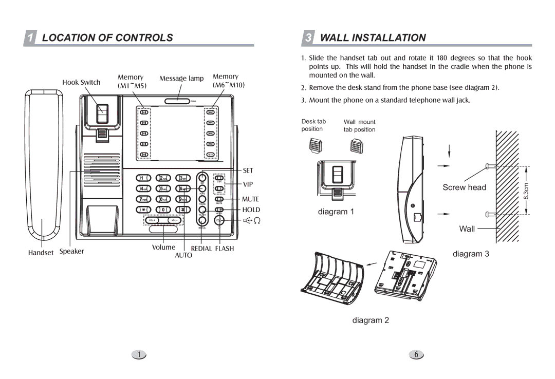 Cortelco 1203 warranty Location of Controls Wall Installation, Memory Message lamp Memory M1~M5 M6~M10, Volume 