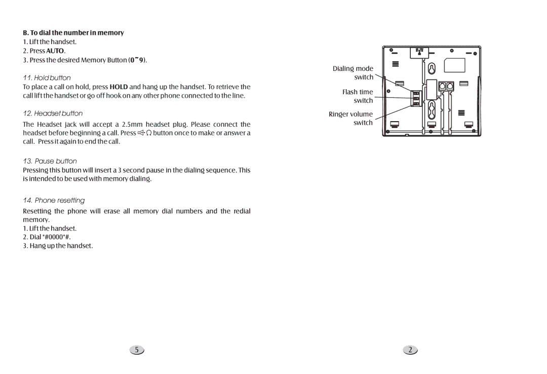 Cortelco 1203 warranty To dial the number in memory, Hold button, Headset button, Pause button, Phone resetting 