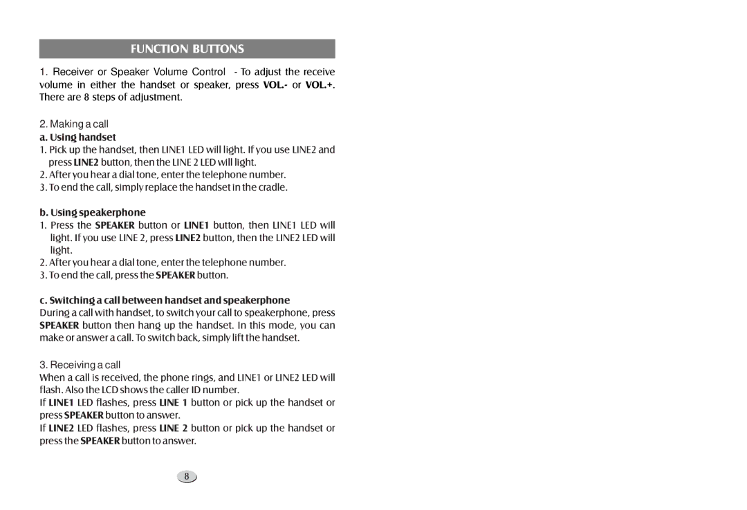 Cortelco 122000TP227S user manual Function Buttons, Using handset, Using speakerphone 