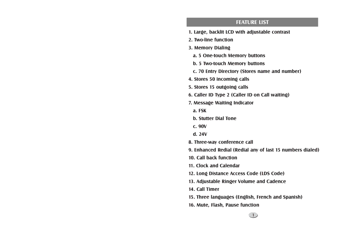 Cortelco 122000TP227S user manual Feature List 