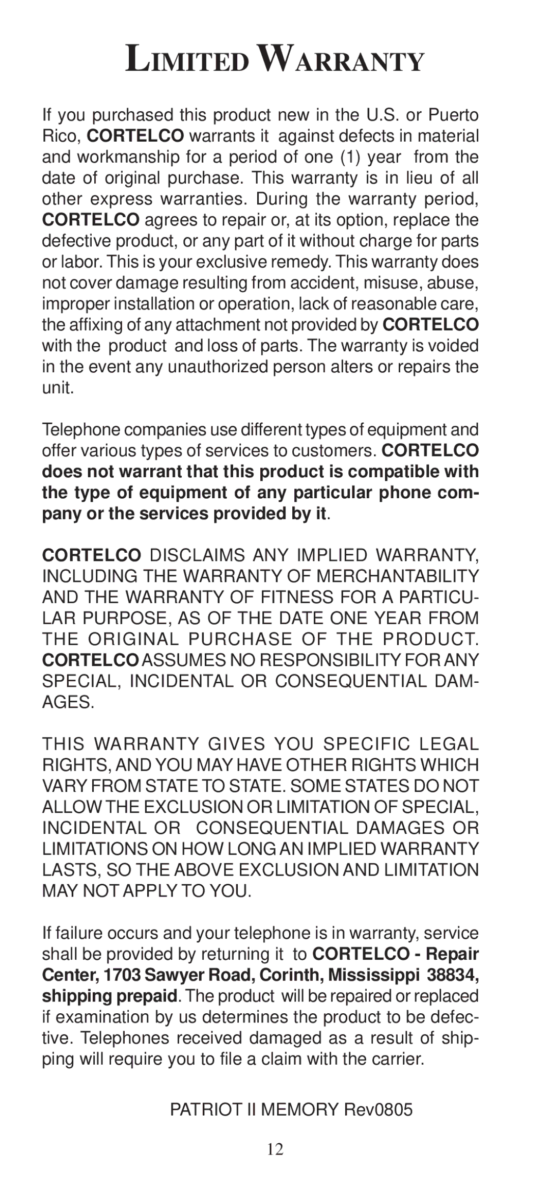 Cortelco 2194**V0E27S instruction manual Limited Warranty 