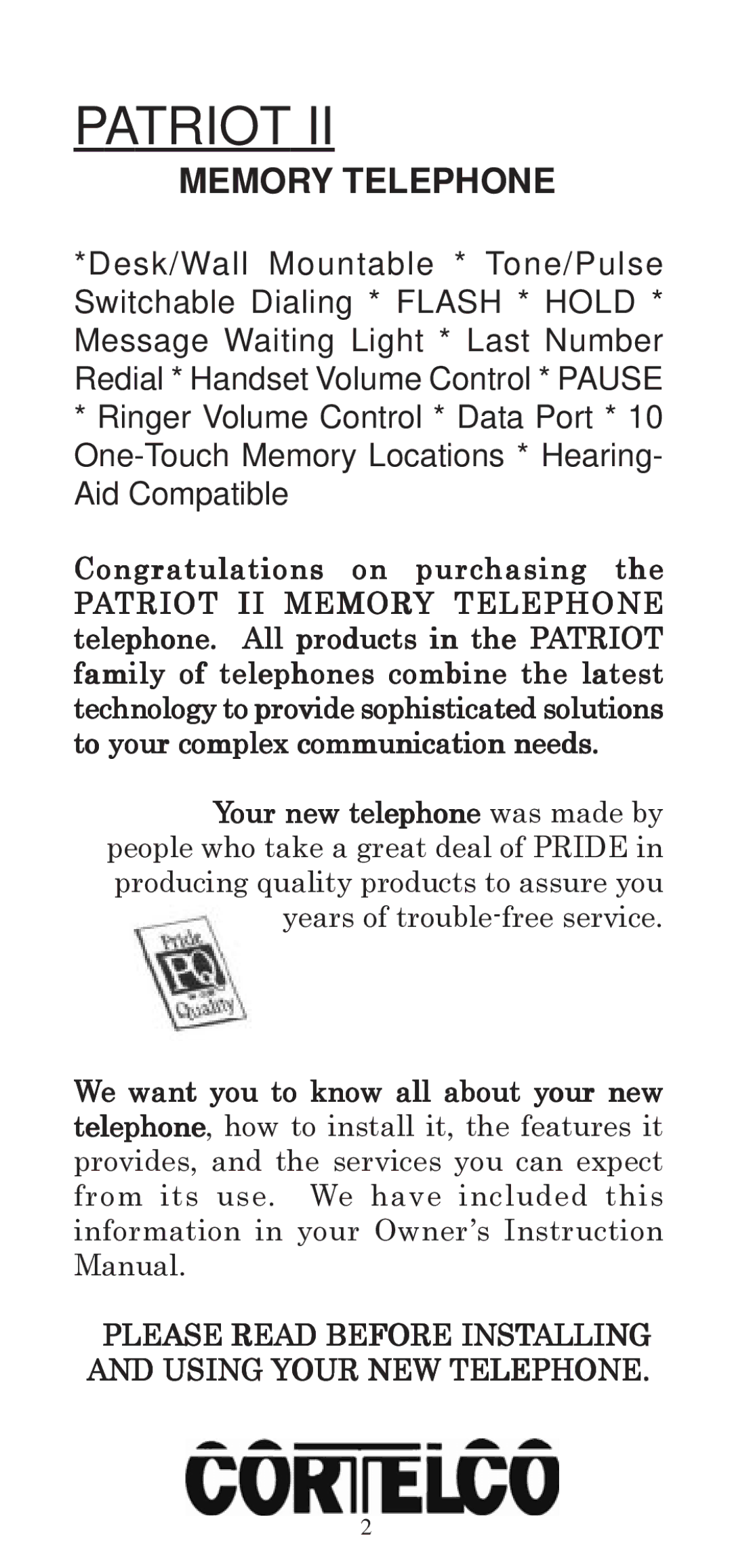 Cortelco 2194**V0E27S instruction manual Memory Telephone 