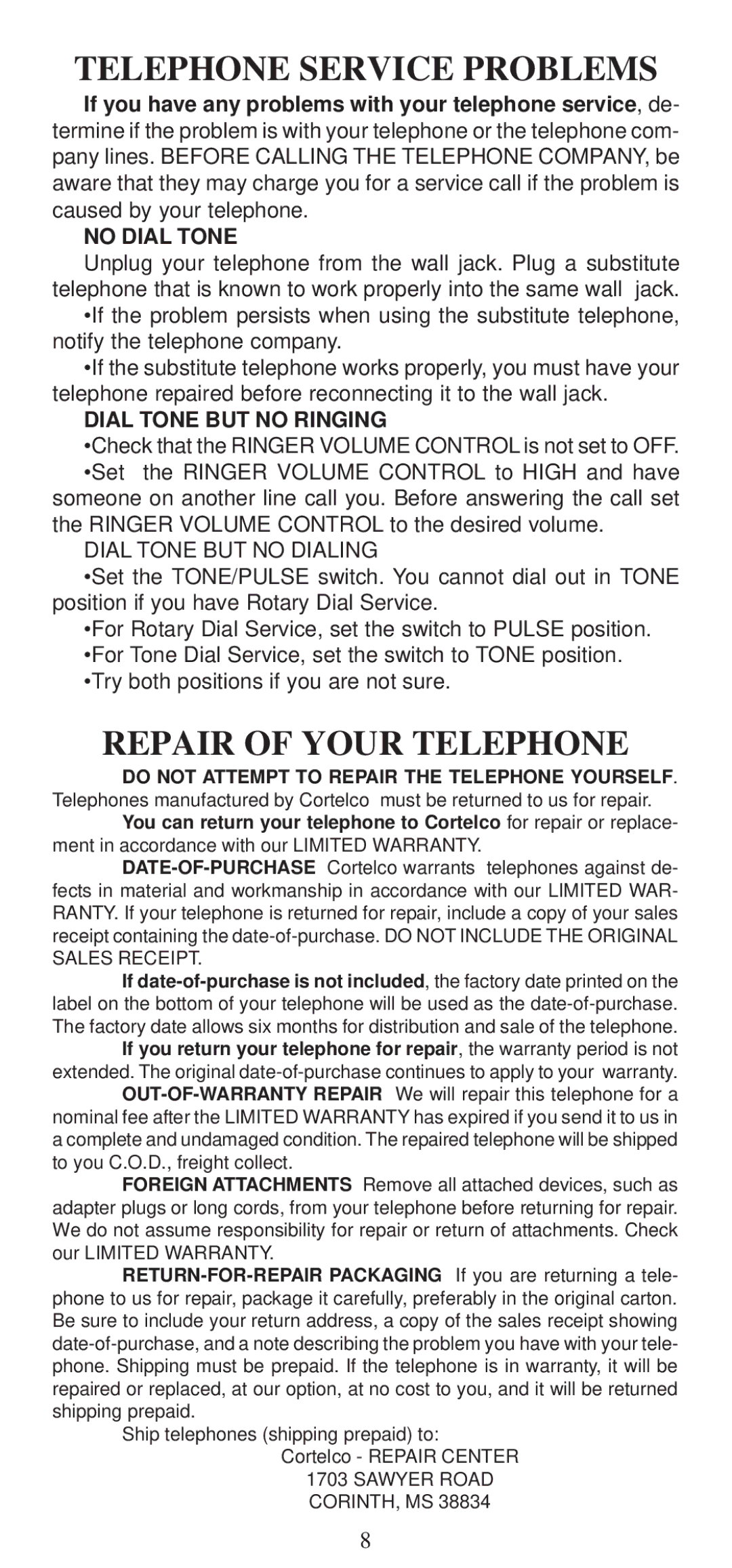 Cortelco 2194**V0E27S instruction manual Telephone Service Problems, Repair of Your Telephone 