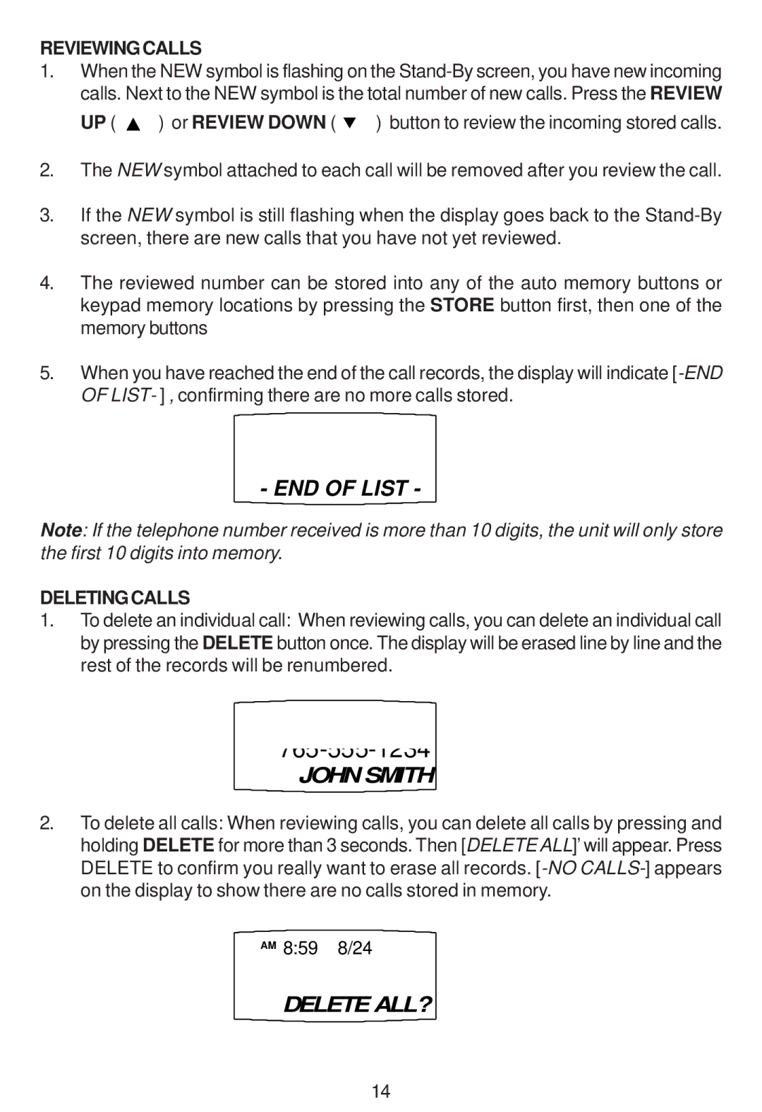 Cortelco 2194**VOE27S instruction manual Reviewing Calls, Deleting Calls 